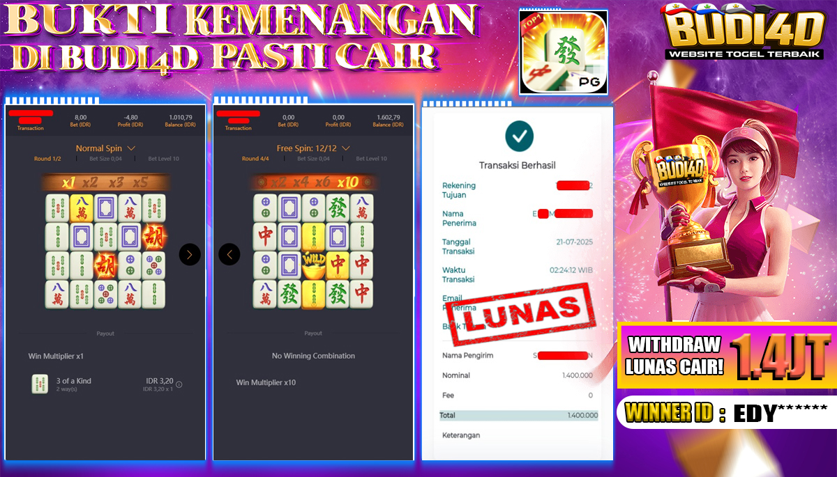BUDI4D JACKPOT SLOT PGSOFT MAHJONG WAYS Rp.1.400.000,- LUNASS